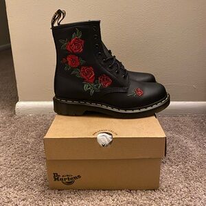 Dr Martens size 9 US. Brand new. Never worn. black with red rose embroidery